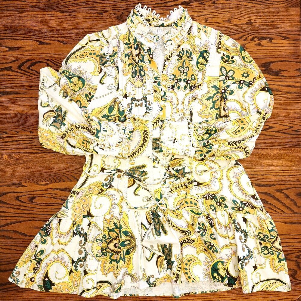 Boho Ruffle Dress XL Yellow Baroque Paisley Dopamine Cottagecore Grandmacore